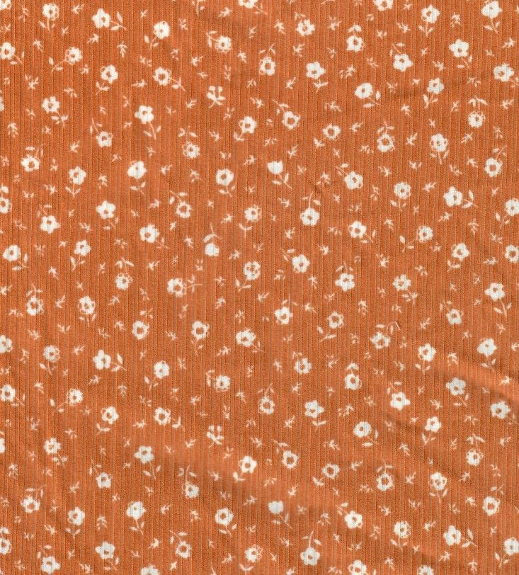 KNT3422-Q00135 / ORANGE NEW / 87%POLY 13%SPAN 4X2 YUMMY RIB DITSY FLORAL PRINT