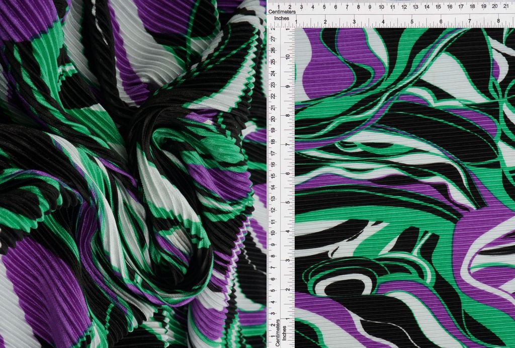 KNT3696-SE71265 / PURPLE / 100%POLY BODRE/INTERLOCK PLEATED ABSTRACT PRINT