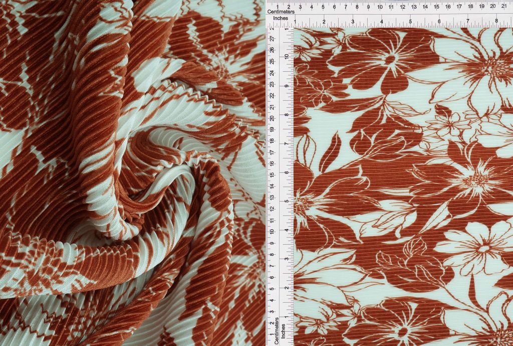 KNT3696-MS11182 / RUST / 100%POLY BODRE/INTERLOCK PLEATED FLOWER PRINT
