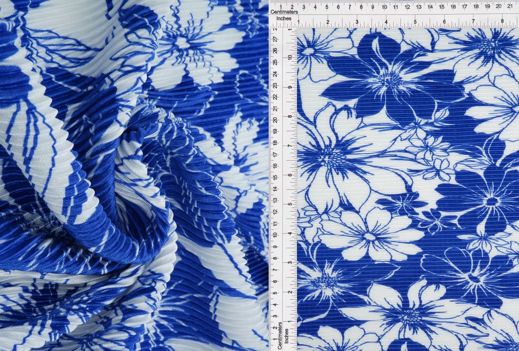 KNT3696-MS11182 / ROYAL / 100%POLY BODRE/INTERLOCK PLEATED FLOWER PRINT