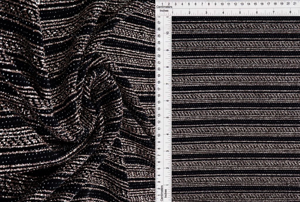 KNT4483 / BLACK/ROSE GOLD / 89%NYLON 6%MTLC 5%SPAN VELVET SLINKY LUREX STRIPE