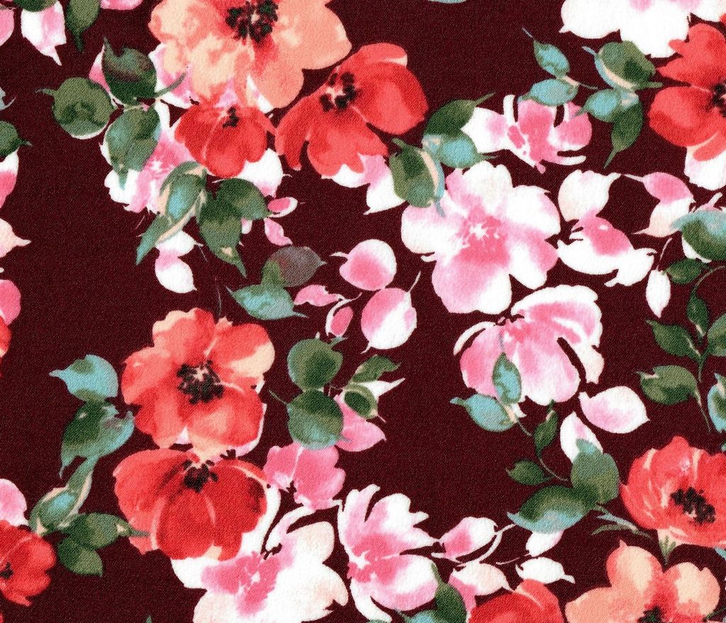 KNT3971-MS10501 / BURGUNDY / 95%POLY 5%SPAN TECHNO CREPE FLORAL PRINT