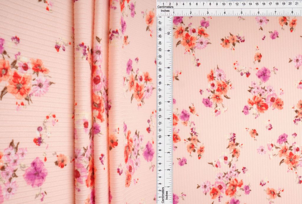 KNT3422-MS10209 / PEACH / 96%POLY 4%SPAN 4X2 YUMMY RIB FLORAL PRINT