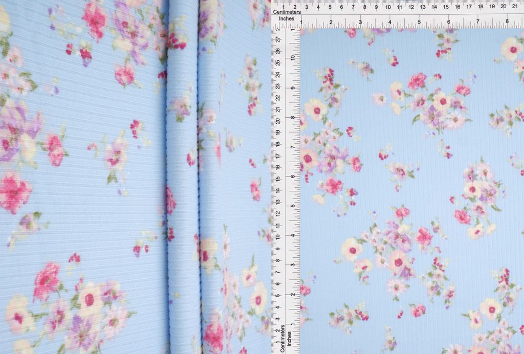 KNT3422-MS10209 / BLUE LT. / 96%POLY 4%SPAN 4X2 YUMMY RIB FLORAL PRINT
