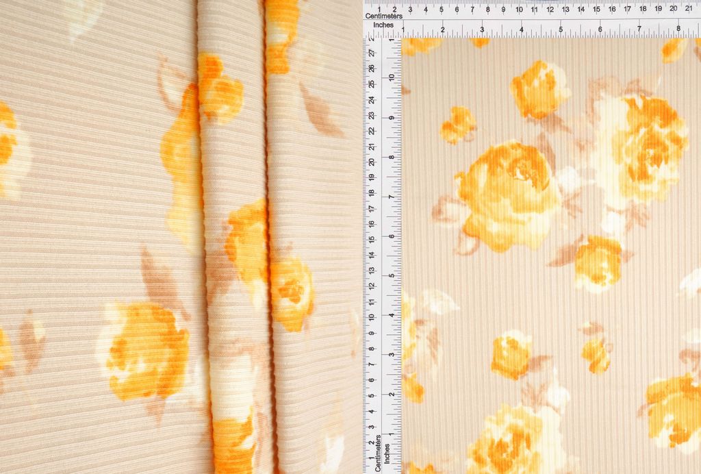 KNT3422-MS11228 / SAND / 87%POLY 13%SPAN 4X2 YUMMY RIB FLOWER PRINT