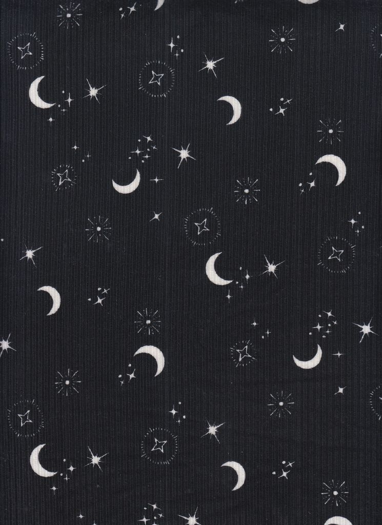 KNT3422-MS01212 / BLACK/WHITE / 87%POLY 13%SPAN 4X2 YUMMY RIB STAR/MOON PRINT