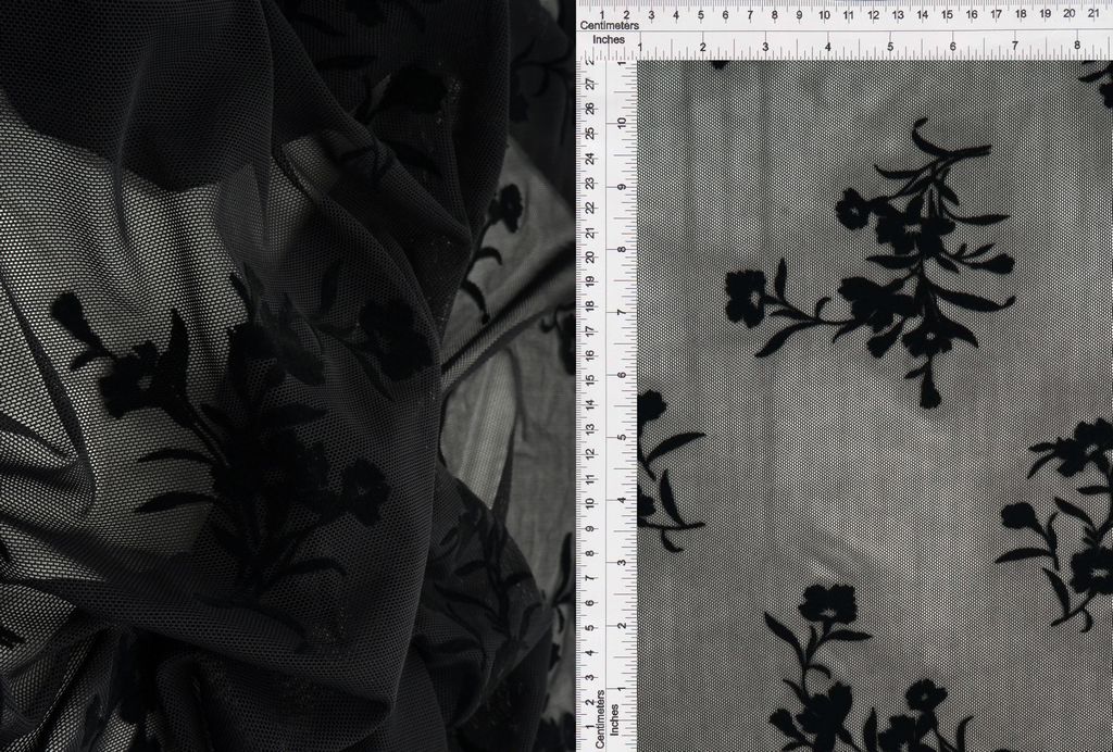 FLOCK-MS11283 / BLACK / 90%POLY 10%SPAN FLORAL MESH FLOCKING