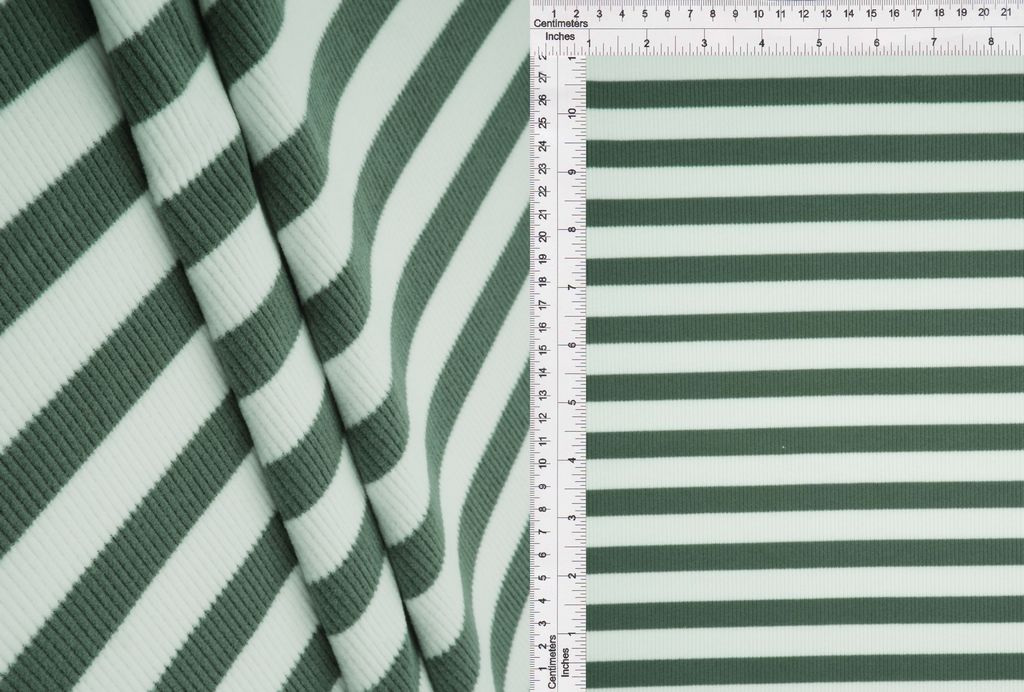 KNT4544 / GREEN/WHITE / 92%POLY 8%SPAN 2X2 COOL COTTON STRIPE FLEECE RIB