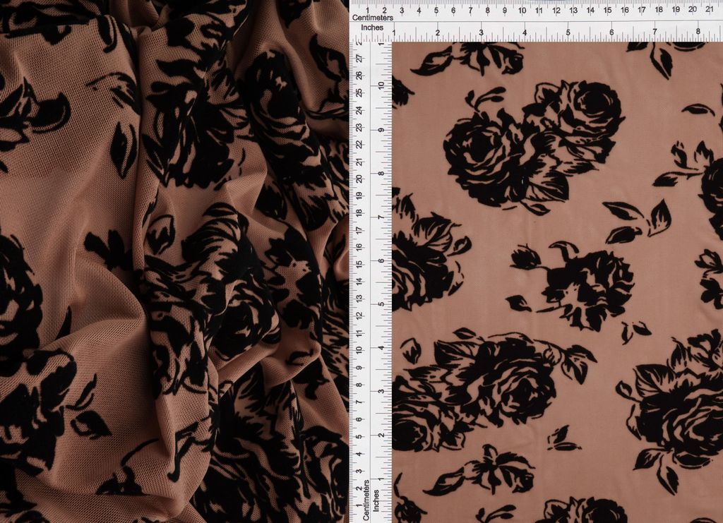 FLOCK-S70420 / MOCHA / 90%POLY 10%SPAN MESH FLORAL WITH FLOCKING
