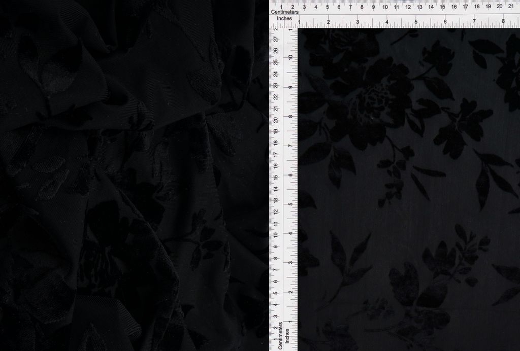KNT3869-MS11375 / BLACK / 65%P 27%N 8%S VELVET BURNOUT FLORAL PRINT