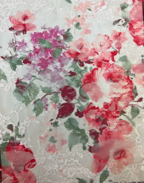 LACE1483-S60401 / BEIGE/CORAL / 92%POLY 8%SPAN LACE FLORAL DIGITALPRINT/LACE PRINT