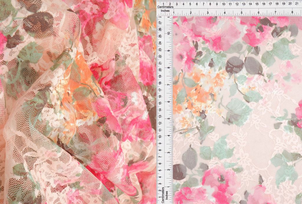 LACE1483-S60401 / PEACH/PINK HOT / 92%POLY 8%SPAN LACE FLORAL DIGITALPRINT/LACE PRINT