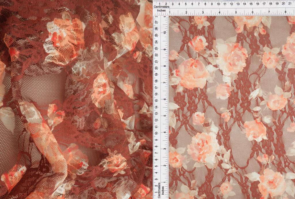 LACE1483-M11228 / RUST / 92%Poly 8%Span Lace Floral Print/Lace Print