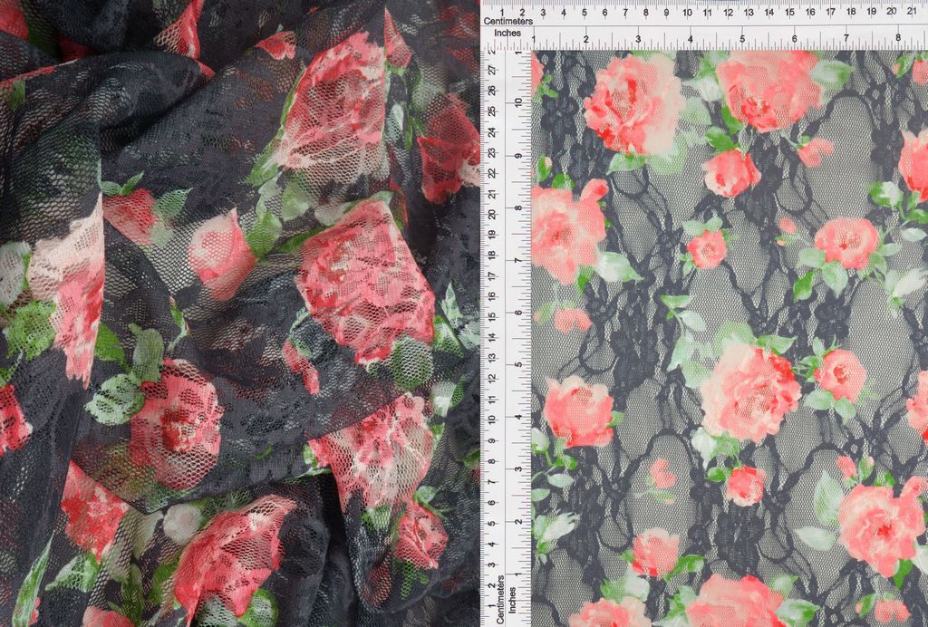 LACE1483-M11228 / CHARCOAL / 92%Poly 8%Span Lace Floral Print/Lace Print