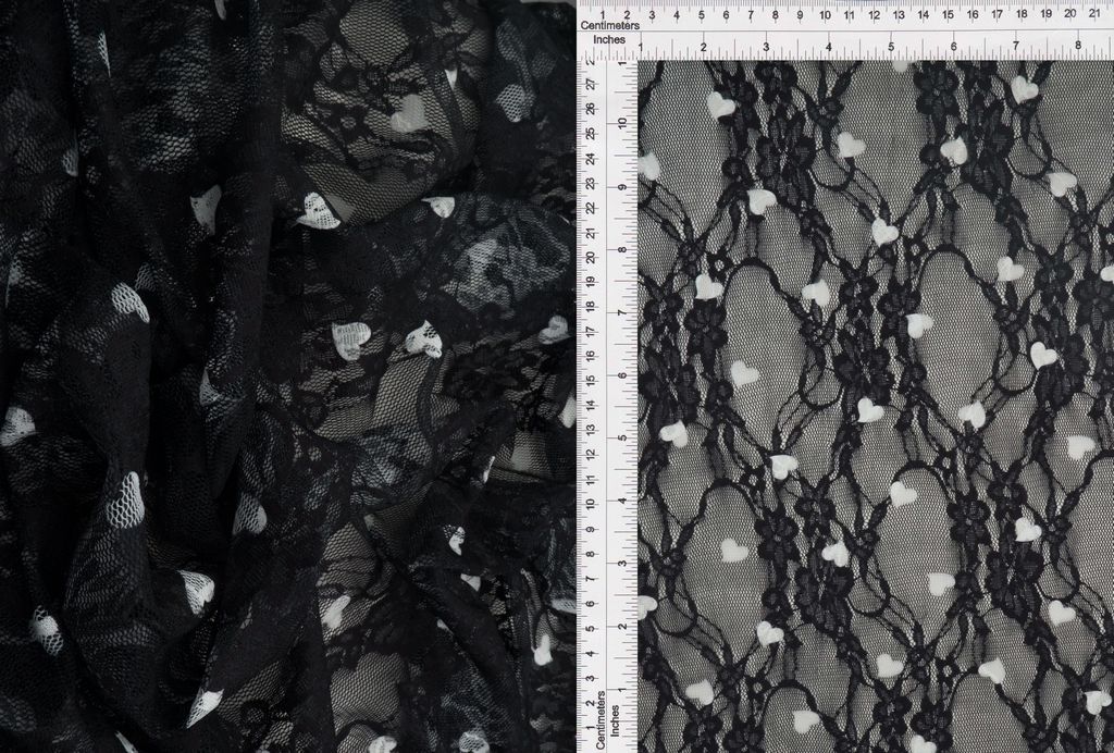 LACE1483-Q10913 / BLACK / 92%Poly 8%Span Lace Heart Digital Print/Heart Print