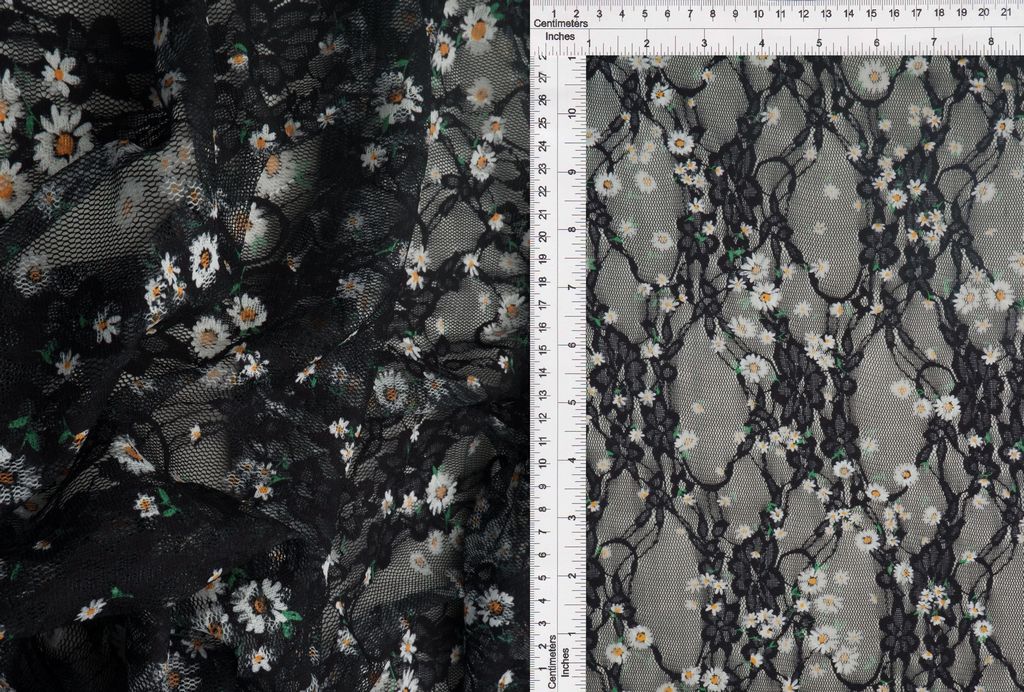 LACE1483-M11018 / BLACK / 92%POLY 8%SPAN LACE DAISY DIGITAL PRINT
