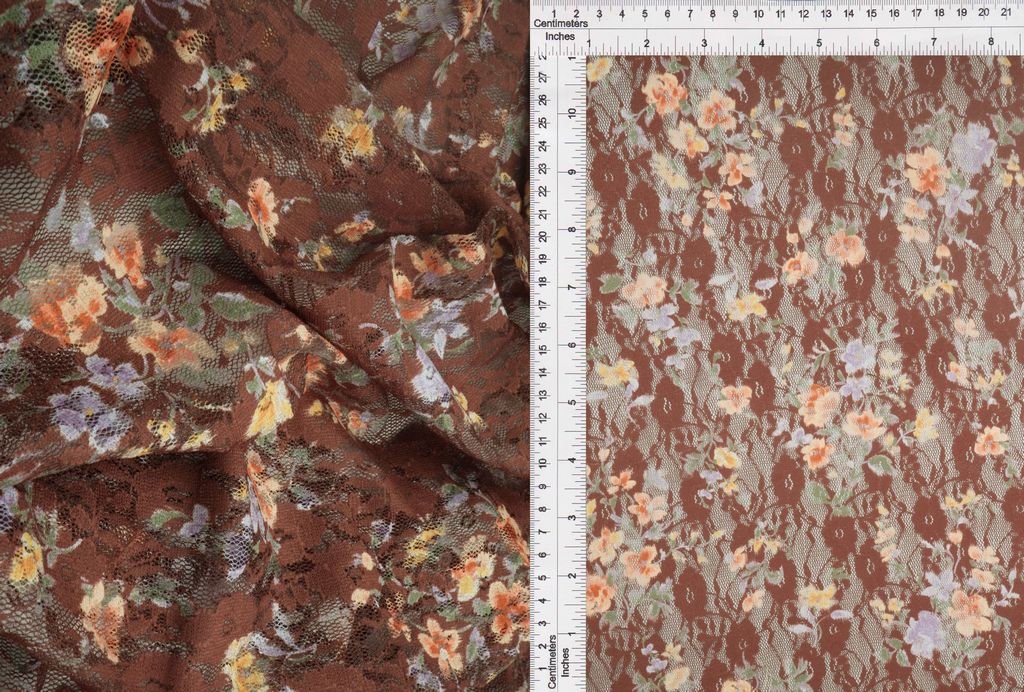 LACE4481-M11170 / BROWN / 92%POLY 8%SPAN LACE FLOWER PRINT/LACE DIGITAL PRINT