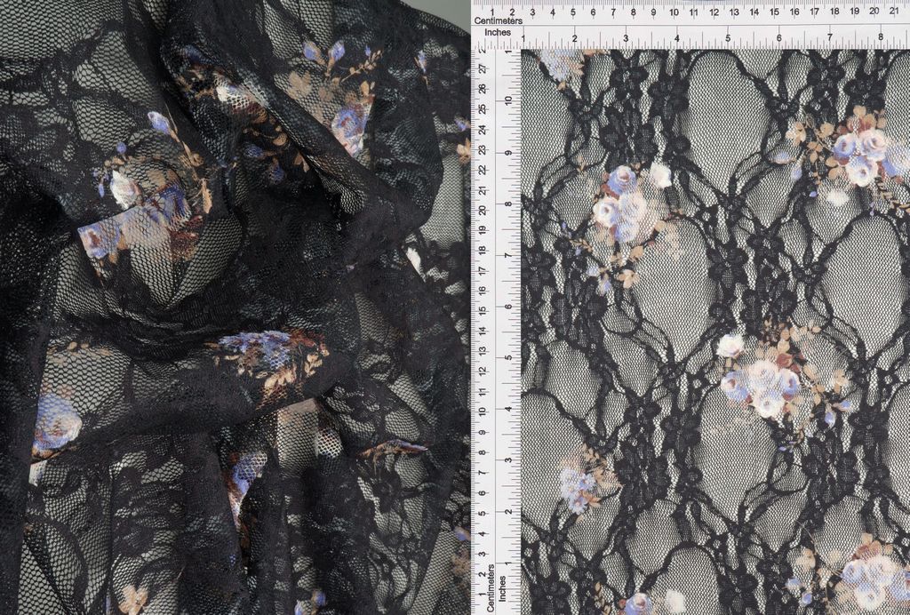 LACE1483-M11385 / BLK/PURPLE / 92%POLY 8%SPAN LACE DIGITAL FLORAL PRINT