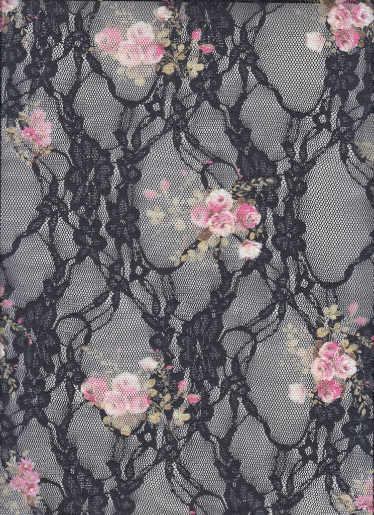 LACE1483-M11385 / BLK/PINK / 92%POLY 8%SPAN LACE DIGITAL FLORAL PRINT