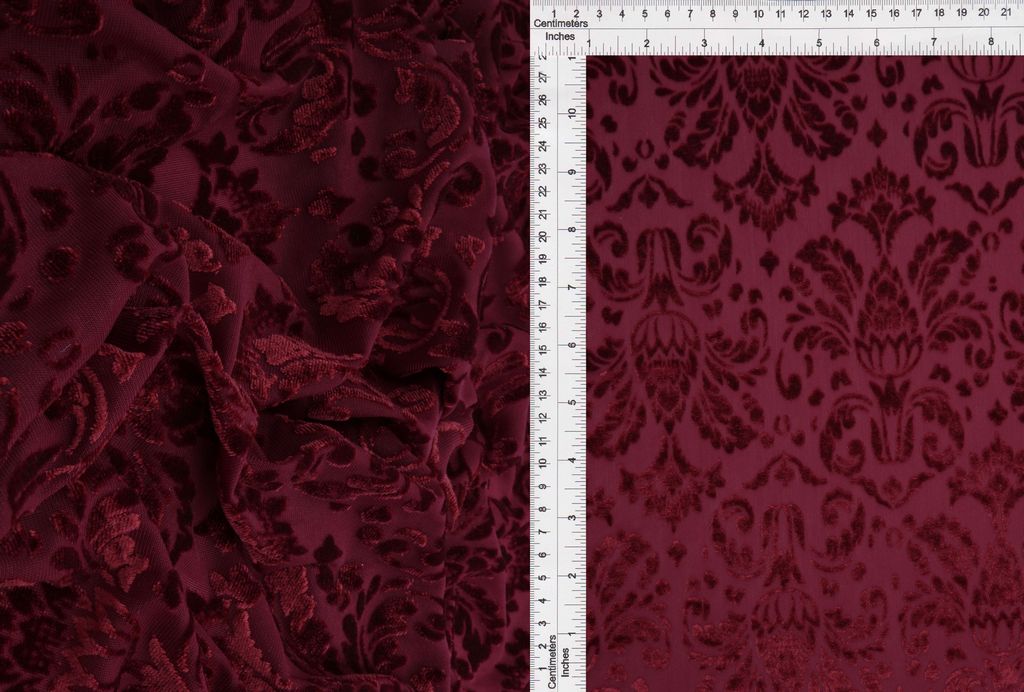 KNT3869-MS11378 / BURGUNDY / 65%P 27%N 8%S VELVET BURNOUT DEMASK/ WALL PAPER
