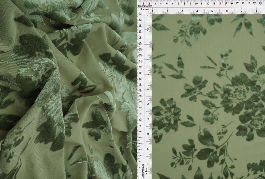 KNT3869-MS11375 / OLIVE VINTAGE / 65%P 27%N 8%S VELVET BURNOUT FLORAL PRINT