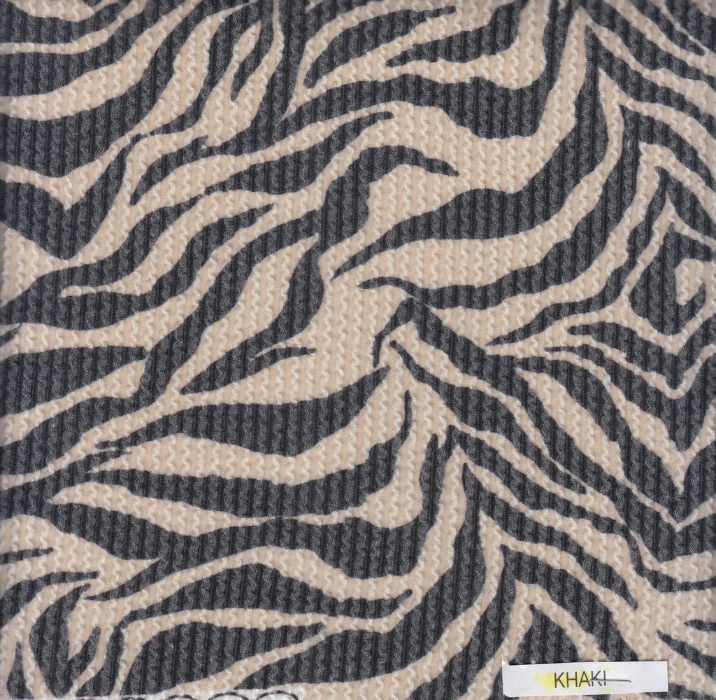 KNT4463-SE10238 / KHAKI / 77%POLY 18%RAY 5%SP DOUBLE KNIT COZY ZEBRA PRINT