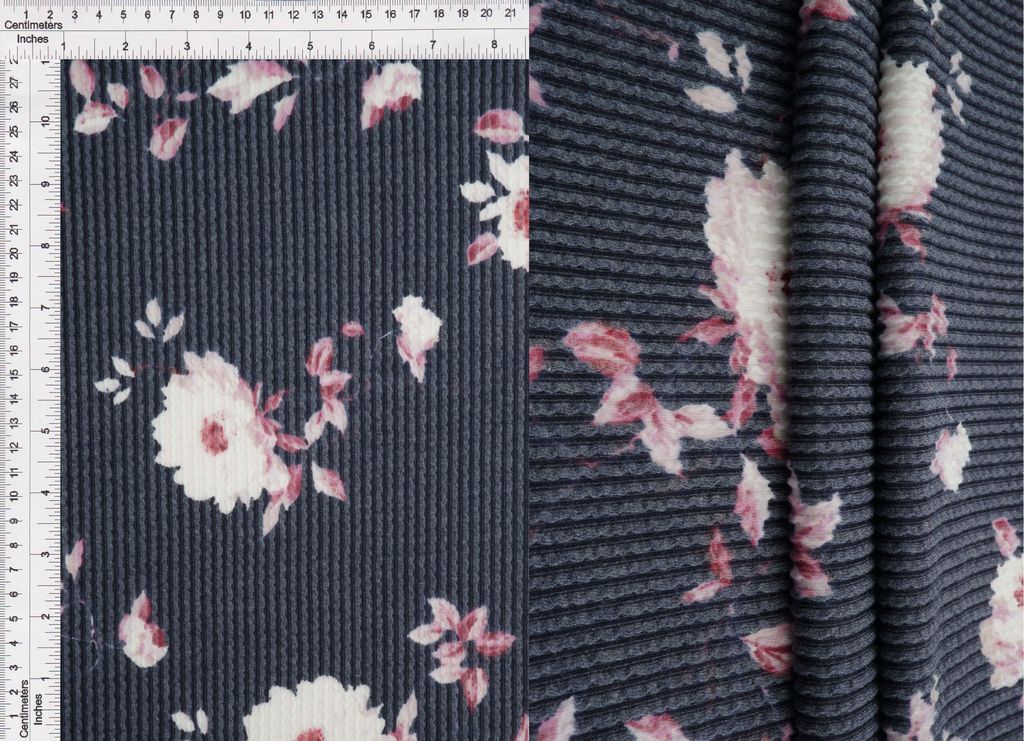 KNT4463-MS11153 / NAVY / 77%POLY 18% RAYON 5% SPAN DOUBLE KNIT FLOWER PRINT