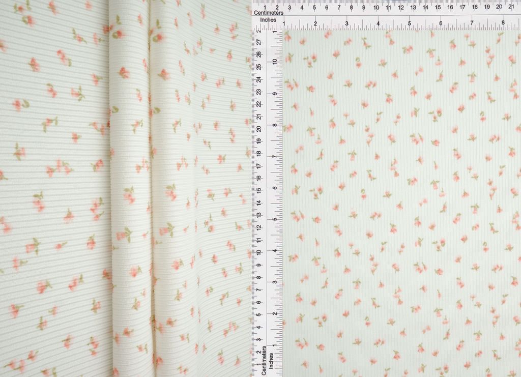 CF-MS11441 / CORAL / 94%POLY 6%SPAN COTTON FEEL 2X2 RIB DITSY PRINT