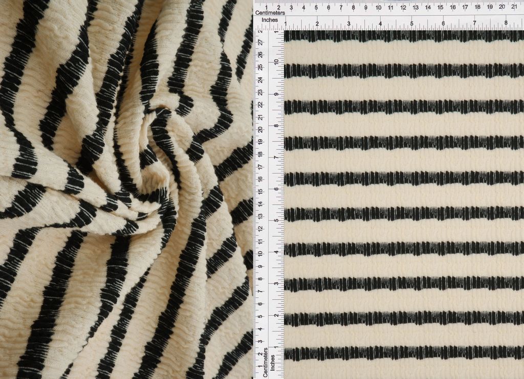 JACQ-4619 / OATMEAL/BLK / 98%POLY 2%SPAN BUBBLE JACQUARD STRIPE
