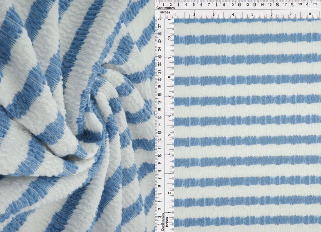 JACQ-4619 / IVORY/DENIM LT. / 98%POLY 2%SPAN BUBBLE JACQUARD STRIPE