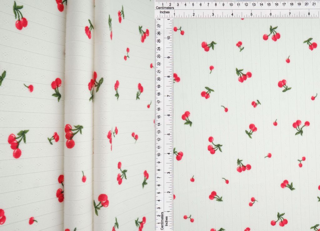 KNT4622-MS11374 / IVORY/RED / 93%POLY 7%SPAN COTTON STYLE POINTELLE CHERRY PRINT