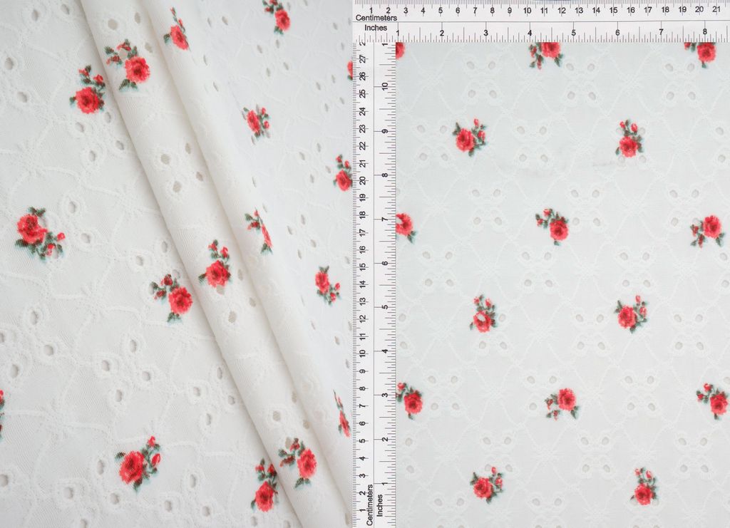 KNT4187-Q00205 / IVORY/CORAL RED / 97%POLY 3%SPAN DTY KNIT JACQUARD DITSY EYELET PRINT