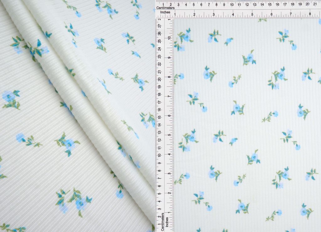 KNT3422-MS10602 / IVORY/BLUE / 87%POLY 13%SPAN 4X2 YUMMY RIB DISTY FLOWER PRINT