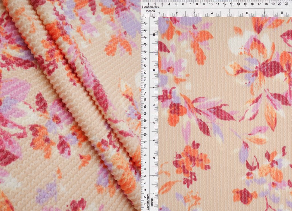 KNT4463-MS11312 / PEACH / 77%P 18%R 5%SP DOUBLE KNIT COZY FLOWER PRINT