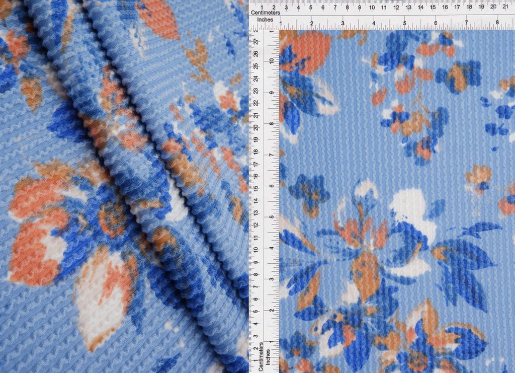 KNT4463-MS11312 / DENIM / 77%P 18%R 5%SP DOUBLE KNIT COZY FLOWER PRINT