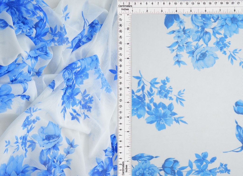 MESH-MS11422 / IVORY/BLUE / 90%POLY 10%SPAN MESH FLOWER DIGITAL PRINT