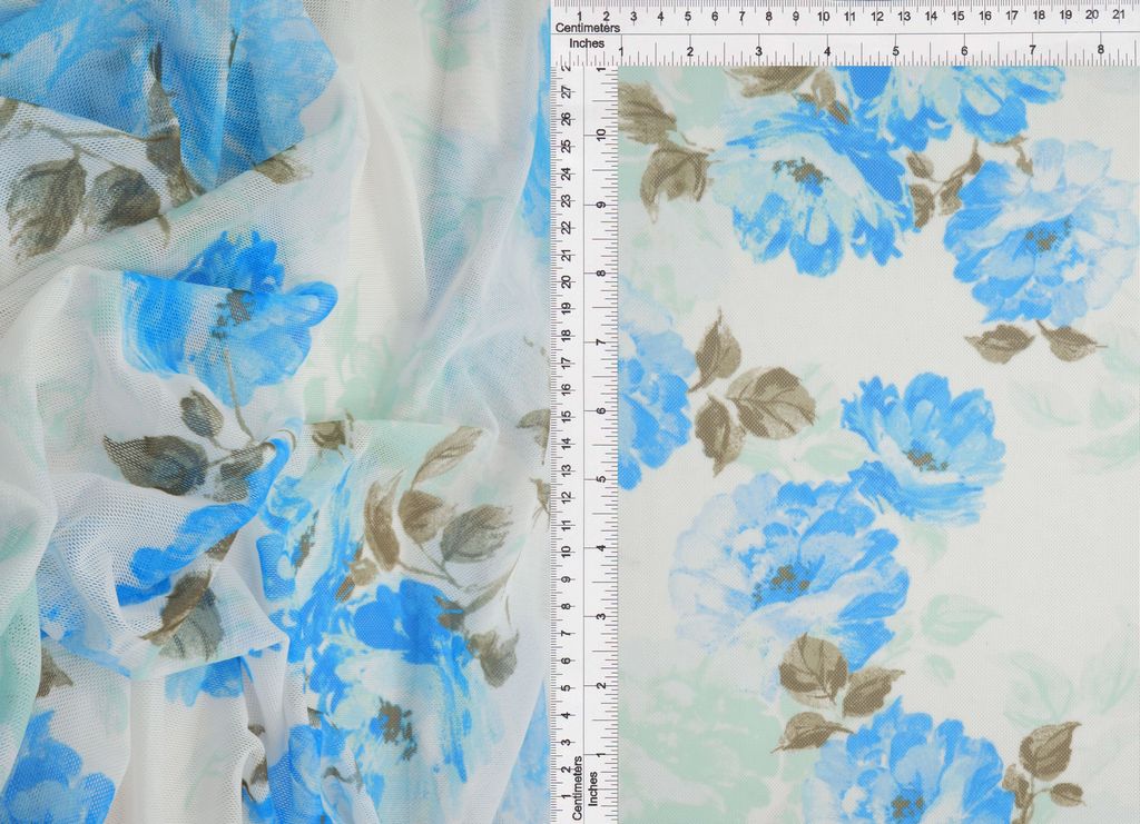MESH-MS11423 / IVORY/BLUE / 90%POLY 10%SPAN DIGITAL FLORAL MESH PRINT