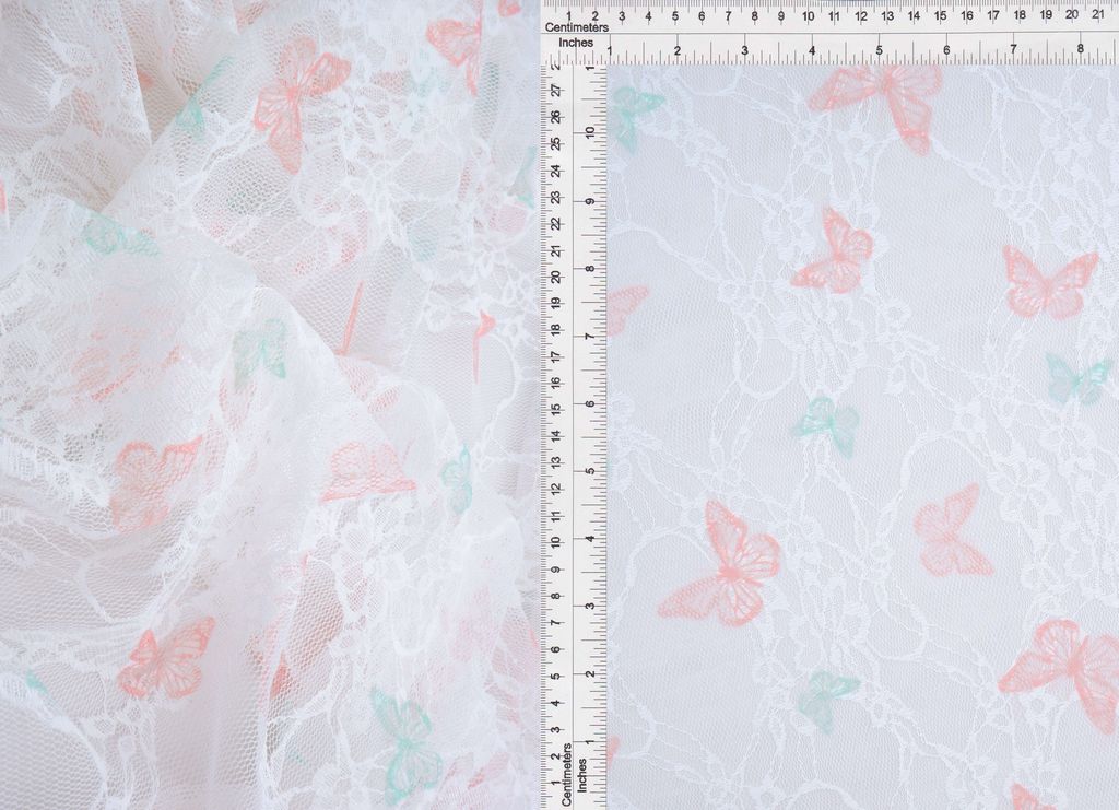 LACE1483-M11481 / IVORY/PEACH / 92%POLY 8%SPAN DIGITAL BUTTERFLY LACE PRINT