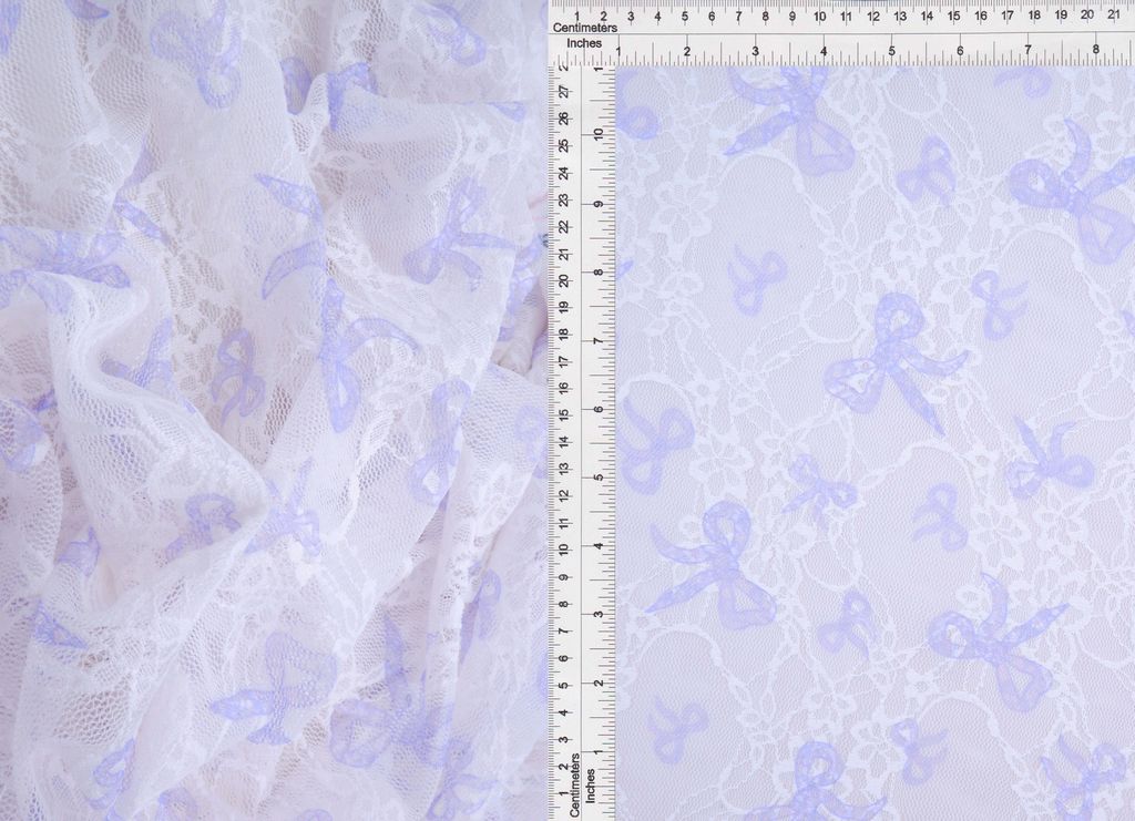 LACE1483-M11455 / IVORY/LAVENDER / 92%POLY 8%SPAN DIGITAL BOW LACE PRINT