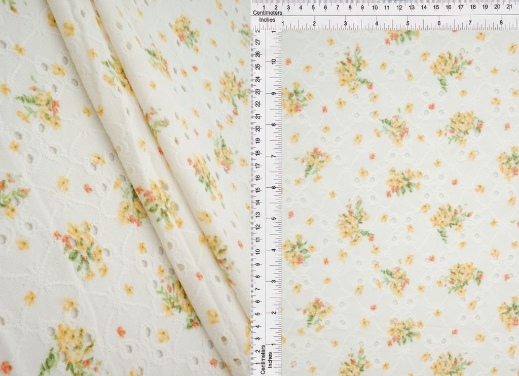 KNT4187-MS11485 / YELLOW / 97%POLY 3%SPAN DTY KNIT JACQUARD EYELET DITSY PRINT