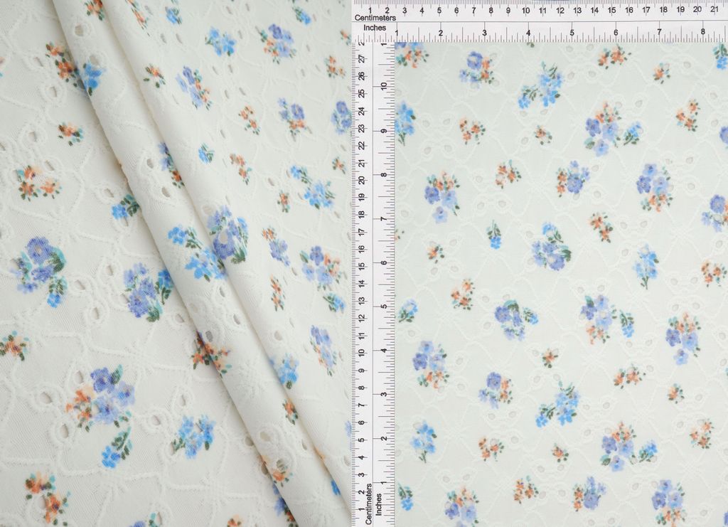 KNT4187-M11002B / BLUE VINTAGE / 97%POLY 3%SPAN DTY KNIT JACQUARD EYELET DITSY PRINT