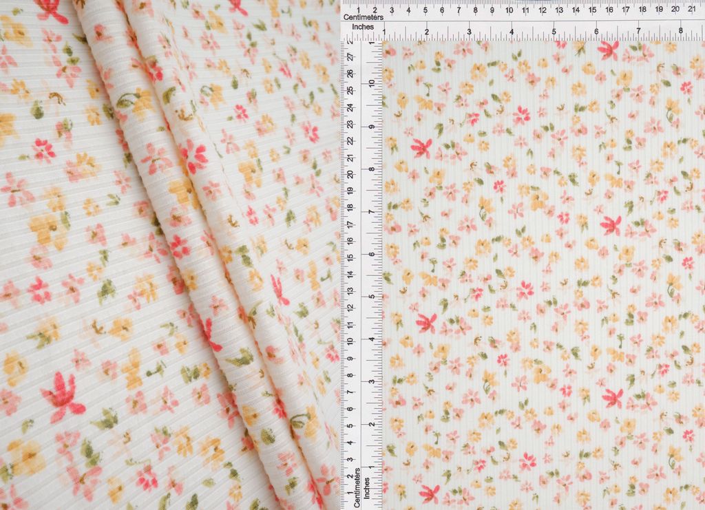 KNT3422-MS11359 / YELLOW BUTTER / 97%POLY 3%SPAN 4X2 YUMMY RIB DITSY PRINT