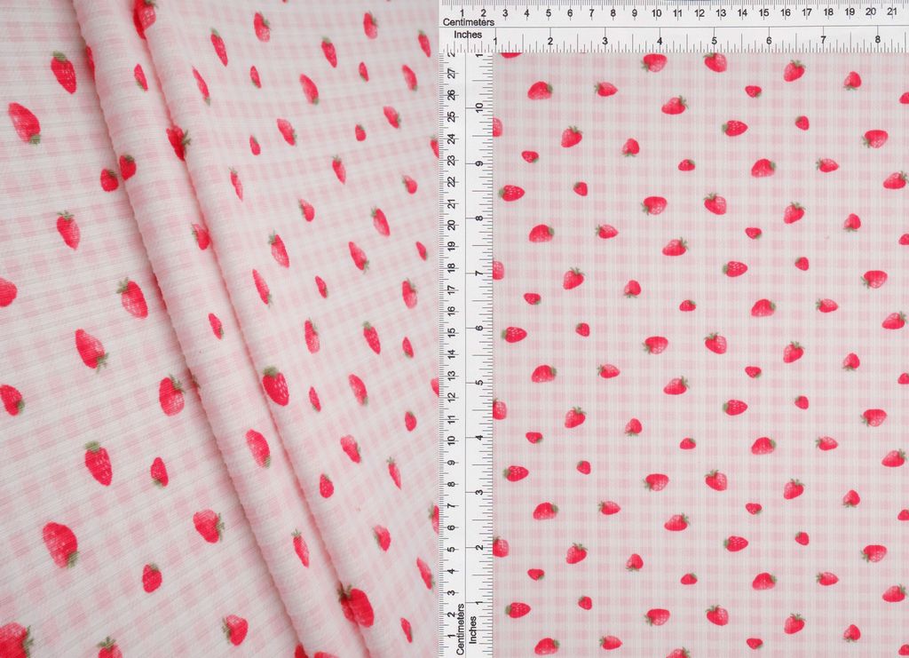 KNT3422-MS11494 / PINK BLUSH / 97%POLY 3%SPAN 4X2 YUMMY RIB STRAWBERRY PRINT