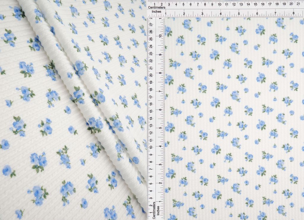 KNT4463-S50368B / IVORY/BLUE / 77%P 18%R 5%SP DOUBLE KNIT COZY DIGITAL DITSY PRINT
