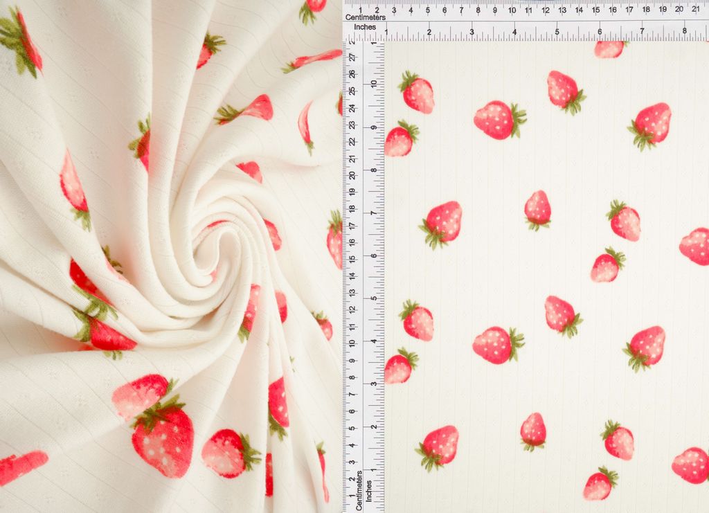 KNT4622-MS11480 / IVORY/RED / 93%P 7%SP COTTON STYLE POINTELLE STRAWBERRY PRINT