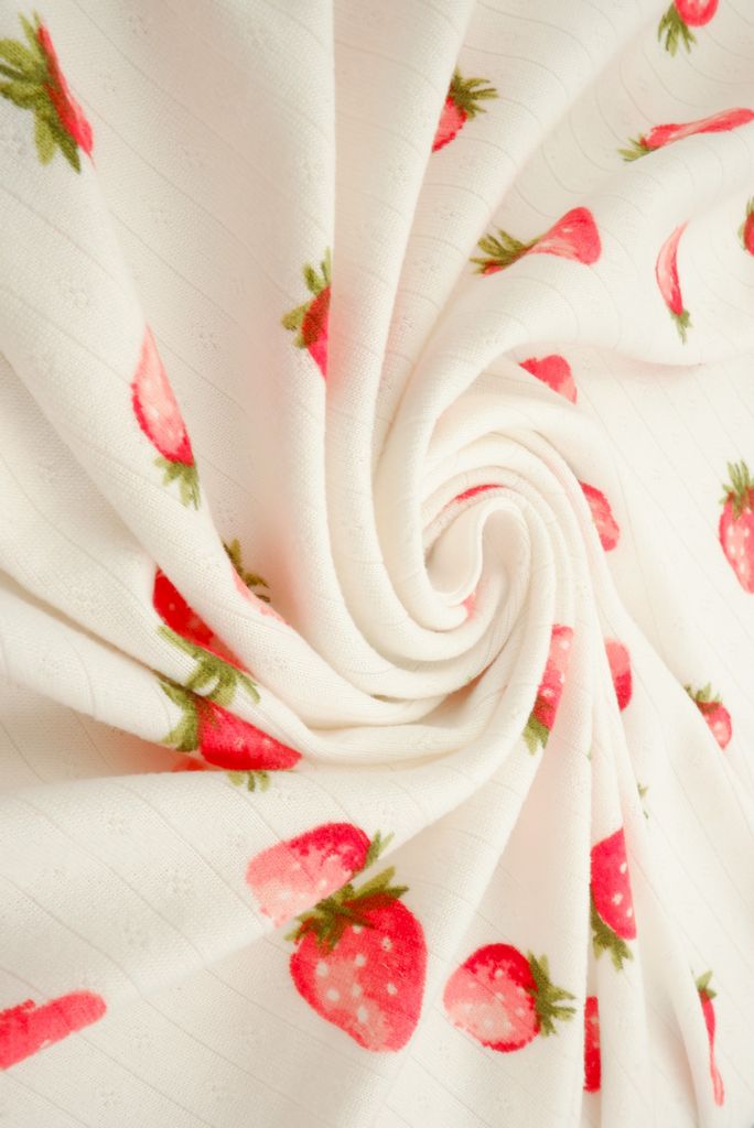 KNT4622-MS11480 / IVORY/RED / 93%P 7%SP COTTON STYLE POINTELLE STRAWBERRY PRINT