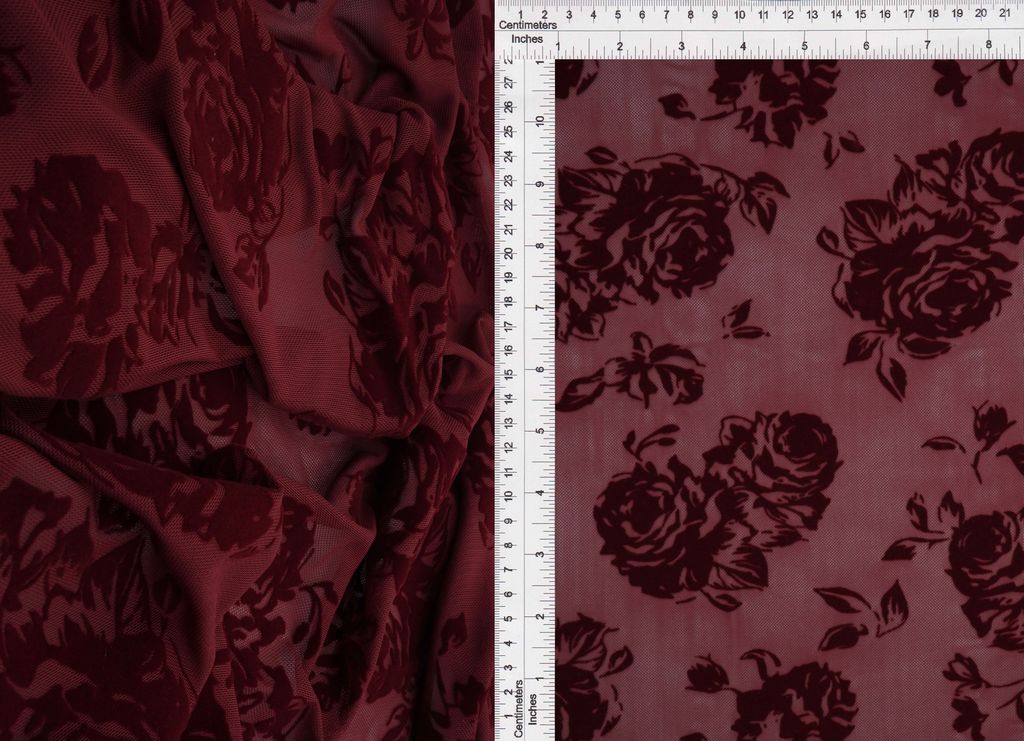FLOCK-S70420 / BURGUNDY / 90%POLY 10%SPAN MESH FLORAL WITH FLOCKING