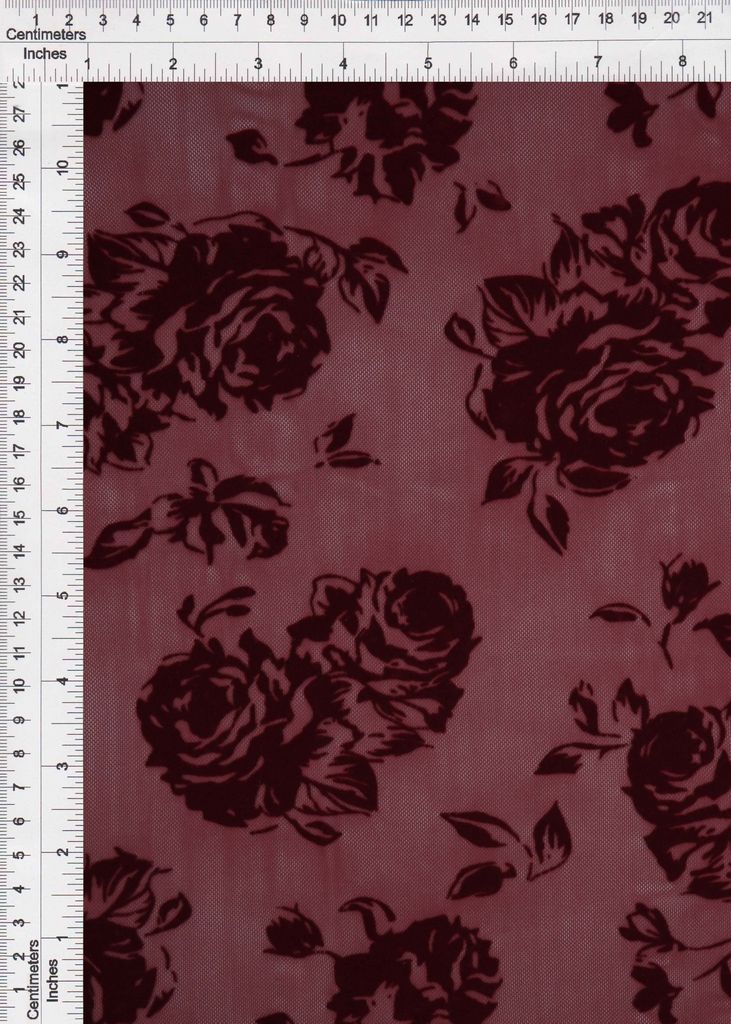 FLOCK-S70420 / BURGUNDY / 90%POLY 10%SPAN MESH FLORAL WITH FLOCKING