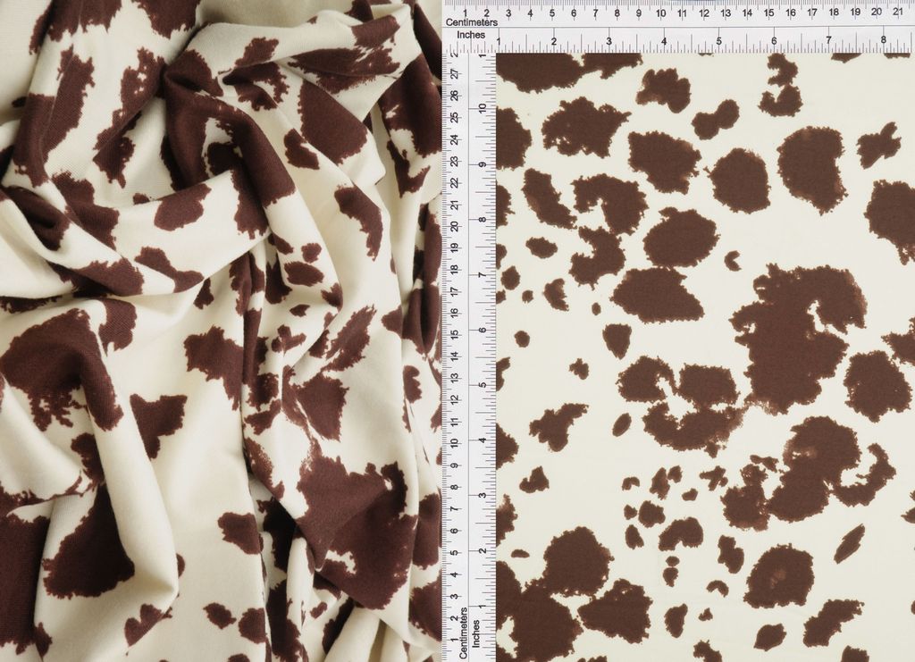 KNT4520-MS11098 / OATMEAL/BROWN / 96%POLY 4%SPAN DTY BRUSHED COW ANIMAL PRINT