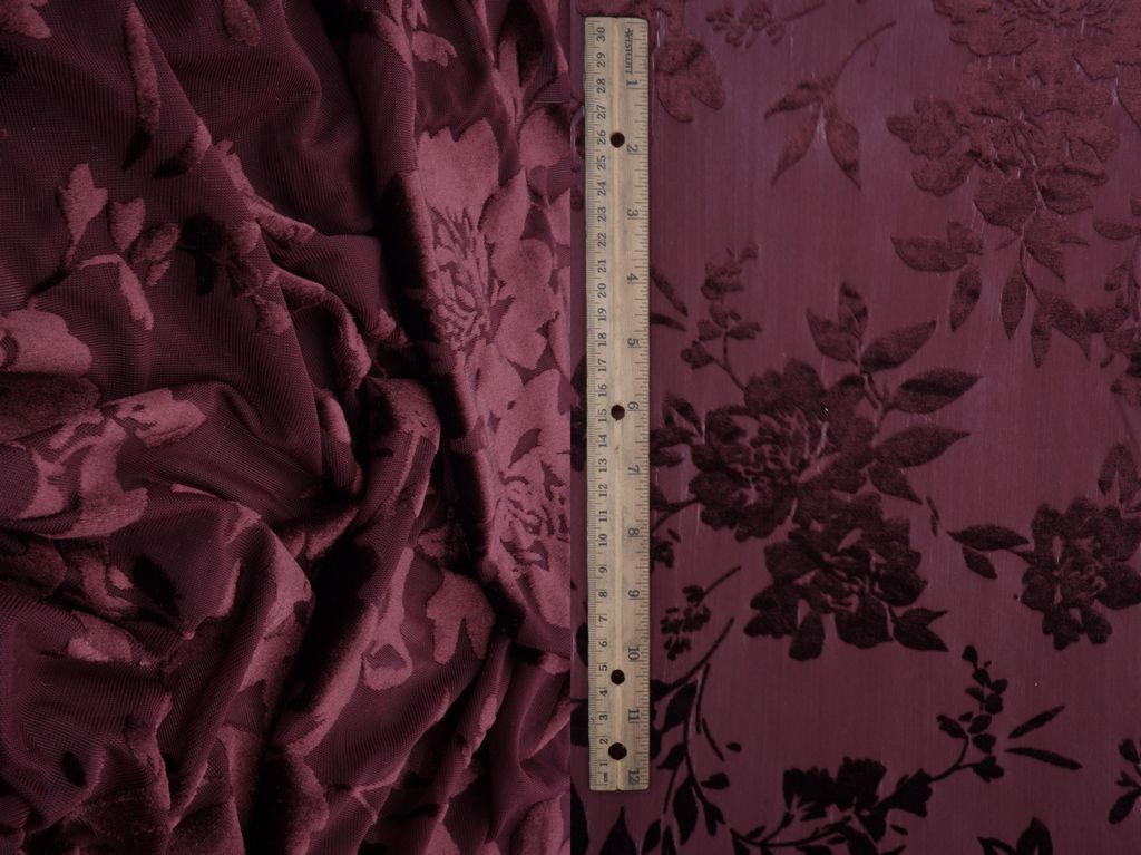 KNT3869-MS11375 / BURGUNDY / 65%P 27%N 8%S VELVET BURNOUT FLORAL PRINT